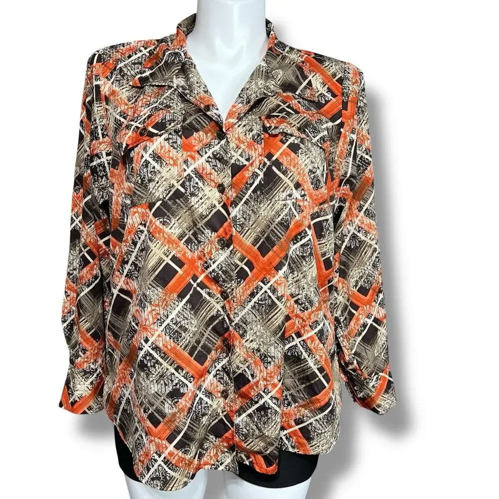 Gloria Vanderbilt Womens Button Down Blouse Western Collared Long Sleeve Orange